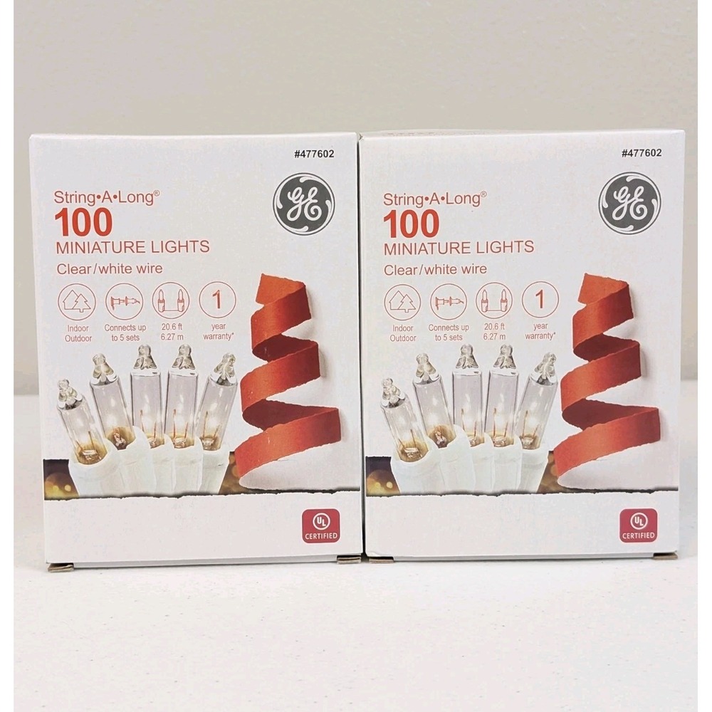 2X GE String A Long 100 Count Clear Mini Light Set White Wire Indoor/Outdoor NIB